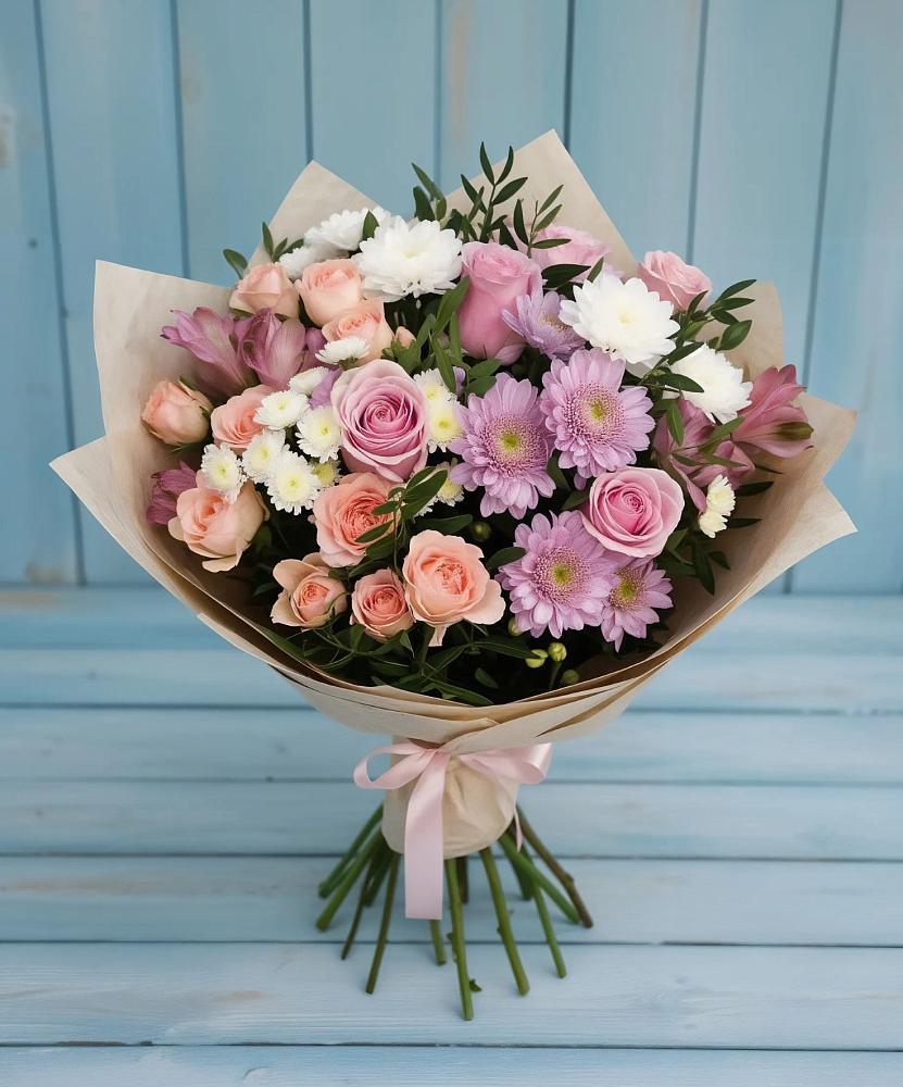 Букет цветов из: Хризантемы, Розы и Альстромерии в Сергиевом Посаде